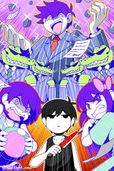 Rule 34 | 1girl, 6+boys, alligator, angry, aubrey (headspace) (omori), aubrey (omori), ball, black eyes, black hair, bow, bright pupils, clam, clenched teeth, collarbone, colored skin, crocodilian, crying, crying with eyes open, fangs, gator guy (omori), hair bow, hero (headspace) (omori), hero (omori), highres, holding, holding ball, kel (headspace) (omori), kel (omori), long hair, long sleeves, looking at viewer, miya (baelfight), multiple boys, necktie, omori, omori (omori), open mouth, paper, parted lips, pink bow, purple eyes, purple hair, red necktie, short hair, sunglasses, tank top, tears, teeth, twitter username, upper teeth only, white pupils, white skin