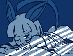 Rule 34 | 1girl, animal ears, ass, bed sheet, blue theme, blunt bangs, breasts, cat ears, cat tail, crossed arms, gias-ex-machella, lying, monochrome, ms. fortune (skullgirls), naked sheet, non-web source, on stomach, one eye closed, scar, short hair, sideboob, skullgirls, slit pupils, small breasts, solo, source request, tail