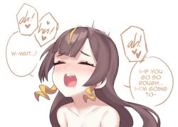 Rule 34 | 1girl, anya melfissa, blush, brown hair, collarbone, dasdokter, english text, hololive, hololive indonesia, implied sex, long hair, open mouth, purple eyes, saliva, simple background, solo, two side up, virtual youtuber, wavy hair, white background
