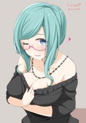 Rule 34 | 1girl, azami miwako, blue eyes, breasts, cleavage, clothes pull, female focus, glasses, green hair, kichihachi, large breasts, long hair, shirt pull, simple background, solo, tokyo 7th sisters, twitter username