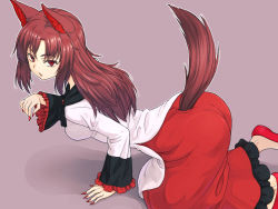 Rule 34 | 1girl, all fours, animal ear fluff, animal ears, breasts, brown hair, brown tail, dress, fingernails, frilled dress, frilled sleeves, frills, from side, grey background, imaizumi kagerou, kakone, long fingernails, long hair, long sleeves, medium breasts, multicolored clothes, multicolored dress, nail polish, open mouth, red dress, red eyes, red footwear, red nails, simple background, solo, tail, touhou, two-tone dress, white dress, wolf ears, wolf tail