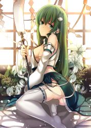 Rule 34 | 1girl, backlighting, breasts, closed eyes, detached sleeves, flower, frog hair ornament, gohei, green eyes, green hair, hair ornament, highres, janne cherry, kochiya sanae, lily (flower), long sleeves, looking at viewer, matching hair/eyes, md5 mismatch, no bra, oonusa, resolution mismatch, sideboob, sitting, skirt, snake hair ornament, solo, source larger, thighhighs, touhou, white thighhighs