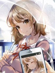 Rule 34 | 1girl, ;), bad id, bad pixiv id, bag, blush, brown eyes, brown hair, cardigan, cellphone, closed mouth, collarbone, commentary request, day, highres, hisao 0111, holding, holding umbrella, isshiki iroha, long hair, long sleeves, neck ribbon, one eye closed, outdoors, phone, pink cardigan, pov, railing, red ribbon, ribbon, school uniform, shoulder bag, sleeves past wrists, smartphone, smile, solo focus, transparent, transparent umbrella, umbrella, upper body, v, water drop, wing collar, yahari ore no seishun lovecome wa machigatteiru.