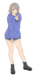 Rule 34 | 1girl, alternate costume, ankle boots, blue eyes, blue hoodie, boots, denim, denim shorts, frayed clothes, frayed shorts, full body, grey footwear, grey hair, highres, hood, hoodie, looking at viewer, love live!, love live! sunshine!!, sato uma, short hair, short shorts, shorts, simple background, solo, swept bangs, v, watanabe you, white background