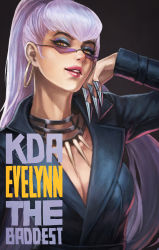Rule 34 | 1girl, absurdres, black jacket, blue eyeshadow, breasts, character name, cleavage, commentary, earrings, english commentary, evelynn (league of legends), eyeshadow, fingernails, highres, hoop earrings, jacket, jewelry, k/da (league of legends), league of legends, leather, leather jacket, lipstick, long hair, looking over eyewear, looking over glasses, makeup, mascara, medium breasts, monori rogue, necklace, nose, ponytail, purple-tinted eyewear, purple-tinted glasses, purple background, rimless eyewear, sharp fingernails, solo, sunglasses, the baddest evelynn, tinted eyewear, tooth necklace, yellow eyes