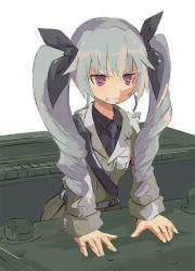 Rule 34 | 10s, 1girl, anchovy (girls und panzer), angry, arm support, bad id, bad pixiv id, belt, black shirt, brown eyes, clenched teeth, dress shirt, drill hair, girls und panzer, grey jacket, hair ribbon, jacket, leaning forward, long hair, long sleeves, military, military uniform, military vehicle, motor vehicle, necktie, pants, ribbon, riva0412, shirt, silver hair, solo, standing, tank, teeth, twin drills, twintails, uniform, vehicle