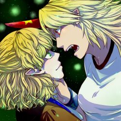 Rule 34 | 2girls, ameya nihachi, blonde hair, breasts, colored eyelashes, cuffs, eye contact, eyelashes, fangs, gradient background, green eyes, hand on another&#039;s throat, horns, hoshiguma yuugi, kinoko (pixiv), light particles, lips, looking at another, mizuhashi parsee, multiple girls, muscular, muscular female, open mouth, pointy ears, red eyes, shackles, short hair, single horn, star (symbol), tears, touhou