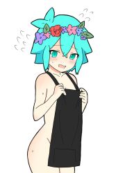 1boy apron basil_(omori) black_apron blush green_eyes green_hair head_wreath highres nude omori saji_mini_ tears trap