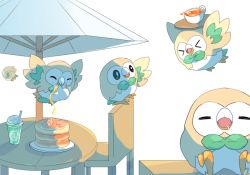Rule 34 | &gt; &lt;, bad id, bad pixiv id, bird, closed eyes, commentary request, creatures (company), cup, drinking straw, drooling, flying, food, game freak, gen 7 pokemon, holding jug, jug (bottle), mouth hold, nintendo, no humans, open mouth, owl, pancake, pokemon, pokemon (creature), rowlet, saliva, sorubetto, teacup, tongue, white background
