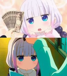 Rule 34 | animated, animated gif, blue eyes, dragon girl, happy, kanna kamui, kobayashi-san chi no maidragon, meme, money, headpat, white hair