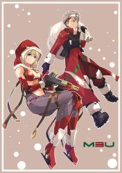 Rule 34 | 1girl, absurdres, android, bikini, blonde hair, blue eyes, boots, christmas, coat, dress, gloves, gun, hair between eyes, hat, highres, ishiyumi, joints, mechanical arms, mechanical buddy universe, mechanical legs, mechanical parts, merry christmas, momdroid (mechanical buddy universe), mother and son, orange eyes, overcoat, robot joints, santa bikini, santa boots, santa costume, santa dress, santa gloves, santa hat, scar, scar on face, short hair, son of droid (mechanical buddy universe), submachine gun, swimsuit, tactical clothes, weapon, yellow eyes