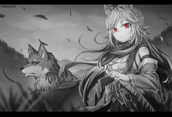 Rule 34 | 1girl, aea, animal, animal ears, bare shoulders, belt, blue eyes, breasts, detached sleeves, dog, grass, greyscale, hand on hilt, letterboxed, long hair, monochrome, nyifu, original, outdoors, red eyes, scarf, serious, small breasts, solo, spot color, twitter username, wide sleeves