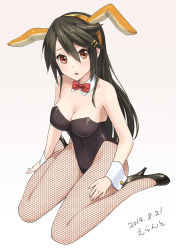 Rule 34 | 10s, 1girl, 2014, animal ears, artist name, bare shoulders, blush, bow, bowtie, breasts, rabbit ears, playboy bunny, cleavage, dated, detached collar, errant, fake animal ears, fishnet pantyhose, fishnets, hairband, haruna (kancolle), high heels, kantai collection, large breasts, long hair, pantyhose, signature, solo, wrist cuffs