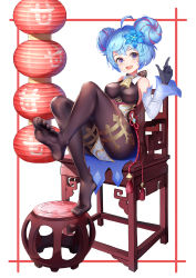 Rule 34 | 1girl, :d, ahoge, asanogawa (tutufcc), bell, black gloves, black pantyhose, blue flower, blue hair, blush, bodystocking, breasts, chair, detached sleeves, double bun, feet, flower, flower knot, full body, ganyu (genshin impact), genshin impact, gloves, hair bun, hair flower, hair ornament, highres, index finger raised, lantern, leg up, long sleeves, looking at viewer, medium breasts, multicolored hair, no shoes, open mouth, pantyhose, paper lantern, pink hair, purple eyes, red ribbon, ribbon, short hair, sitting, smile, solo, tassel, thighlet, two-tone hair