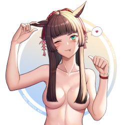 Rule 34 | 1girl, :3, ;p, andonoz, animal ears, artist name, warrior of light (ff14), blunt bangs, blush, breasts, brown hair, cat ears, commentary, english commentary, facial mark, final fantasy, final fantasy xiv, green eyes, hair censor, long hair, looking at viewer, medium breasts, miqo&#039;te, nude, one eye closed, slit pupils, smile, solo, tongue, tongue out, upper body