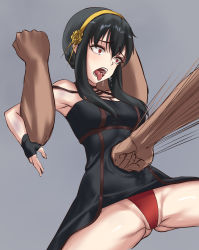 Rule 34 | 1girl, 2boys, belly punch, black dress, black hair, dress, edchi, fingerless gloves, gloves, highres, long hair, multiple boys, open mouth, panties, red eyes, red panties, ryona, saliva, spread legs, spy x family, tongue, tongue out, underwear, yor briar