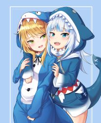 Rule 34 | 2girls, absurdres, alternate costume, animal costume, blonde hair, blue background, blue eyes, fins, fish tail, gawr gura, gawr gura (1st costume), grand admiral marina, green eyes, grin, guardian tales, highres, hololive, hololive english, kiwoseo meogneundas, multiple girls, multiple views, official alternate costume, shark costume, shark girl, shark tail, smile, tail, teeth, virtual youtuber, white hair