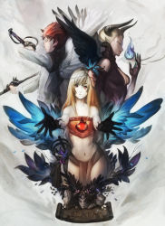 Rule 34 | 1boy, 2girls, back-to-back, bare shoulders, blonde hair, blood, bloody tears, blue fire, breasts, cleavage, fantasy, fire, flat chest, gloves, highres, long hair, md5 mismatch, medium breasts, midriff, multiple girls, narongchai singhapand, navel, petals, profile, reaching, reaching towards viewer, readman, red eyes, red hair, resized, scroll, short hair, smile, sword, thighs, weapon, wings