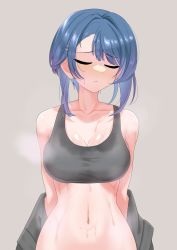 Rule 34 | 1girl, :&lt;, absurdres, aizawa kazuha, assault lily, asymmetrical hair, bare arms, bare shoulders, black shirt, black sports bra, blue hair, blush, bottomless, breasts, cleavage, closed mouth, clothes down, commentary request, facing viewer, grey background, hair ornament, hairclip, highres, large breasts, medium hair, navel, open clothes, open shirt, saetusum, shirt, simple background, solo, sports bra, standing, steaming body, stomach, sweat, undressing, upper body