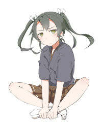 Rule 34 | 10s, 1girl, ankle socks, brown eyes, brown skirt, chocotto715, feet, grey hair, hair ribbon, hands on feet, indian style, japanese clothes, kantai collection, looking at viewer, pleated skirt, ribbon, simple background, sitting, skirt, socks, solo, tabi, twintails, white background, white ribbon, white socks, zuikaku (kancolle)