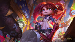 Rule 34 | 1girl, alternate costume, blue eyes, dress, fang, hammer, highres, league of legends, official art, poppy (league of legends), poro (league of legends), ragdoll poppy, rammus, red hair, solo, teemo, twintails