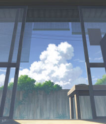 Rule 34 | akafune, window blinds, blue sky, cloud, commentary request, day, fence, glass door, indoors, ivy, nature, no humans, original, overgrown, plant, scenery, shadow, signature, sky, sliding doors, sunlight, table, tree, wooden fence, wooden floor, wooden table