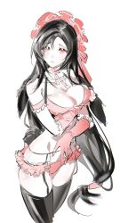 1girl alternate_costume animal_ears arm_under_breasts armband bare_shoulders black_hair black_thighhighs blush bra breasts cleavage closed_mouth collar commentary cowboy_shot duoj_ji final_fantasy final_fantasy_vii final_fantasy_vii_remake frilled_armband frilled_collar frilled_gloves frilled_hairband frilled_panties frills garter_belt garter_straps gloves groin hairband highres large_breasts lingerie long_hair looking_at_viewer low-tied_long_hair pale_skin panties pink_bra pink_gloves pink_hairband pink_panties rabbit_ears rabbit_tail red_eyes solo stomach symbol-only_commentary tail thigh_strap thighhighs tifa_lockhart underwear very_long_hair white_background