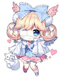 Rule 34 | 1girl, animal, apron, bag, blue apron, blue bow, blue eyes, blue footwear, blush, bow, chibi, closed mouth, collared dress, commission, dog, double bun, dress, eyepatch, feathered wings, full body, hair between eyes, hair bow, hair bun, hair wings, hand up, handbag, head wings, heart, kneehighs, loafers, long sleeves, looking at viewer, maid apron, mechuragi, medical eyepatch, original, pink dress, pink socks, pink wings, shoes, shoulder bag, side bun, simple background, sleeves past fingers, sleeves past wrists, smile, socks, solo, standing, standing on one leg, striped, striped bow, white background, white bow, white wings, wide sleeves, wings