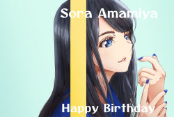 Rule 34 | 1girl, amamiya sora, amaru keiichi, birthday, black hair, blue eyes, blue nails, character name, commentary request, english text, green background, happy birthday, long hair, nail polish, portrait, real life, sidelocks, solo, voice actor