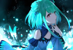 Rule 34 | 1girl, animal, bare shoulders, blue bow, blue dress, blue hair, blue sleeves, bow, bug, butterfly, commentary, detached sleeves, double bun, dress, finger to mouth, gradient hair, green hair, hair bow, hair bun, hand up, highres, hololive, insect, juliet sleeves, long sleeves, looking at viewer, multicolored hair, parted lips, puffy sleeves, red eyes, sleeveless, sleeveless dress, snozaki, solo, upper body, uruha rushia, uruha rushia (1st costume), virtual youtuber, wide sleeves