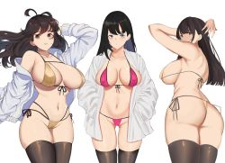 Rule 34 | 3girls, armpits, ass, back, bad id, bad pixiv id, bikini, black hair, black legwear, blue eyes, breasts, brown eyes, brown hair, cameltoe, cleavage, covered erect nipples, gluteal fold, gongba laoge, grin, hands in pockets, jacket, large breasts, long hair, looking at viewer, multiple girls, navel, off shoulder, original, pink bikini, simple background, smile, swimsuit, thighhighs, white background, yellow bikini