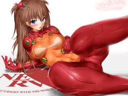 Rule 34 | 00s, 1girl, blastbeat, blue eyes, blush, bodysuit, brown hair, cleavage, evangelion: 2.0 you can (not) advance, highres, long hair, looking at viewer, lying, multicolored clothes, neon genesis evangelion, on side, open mouth, plugsuit, rebuild of evangelion, see-through, see-through cleavage, solo, souryuu asuka langley, test plugsuit