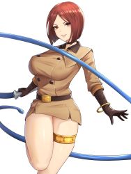 Rule 34 | belt, belt buckle, bob cut, breasts, buckle, highres, kurone rinka, large breasts, military, military uniform, red eyes, red hair, simple background, snk, solo, the king of fighters, thigh strap, thighs, uniform, whip, whip (kof), white background