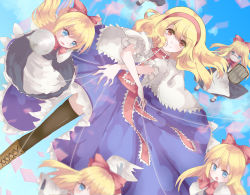 Rule 34 | 1girl, alice margatroid, alternate eye color, apron, blonde hair, blue eyes, blue sky, boots, bow, brown thighhighs, capelet, cloud, cross-laced footwear, day, dress, flying, hair bow, hairband, highres, jewelry, karasen, knee boots, lance, long hair, looking at viewer, polearm, puffy short sleeves, puffy sleeves, puppet rings, puppet strings, red eyes, ribbon, ring, sash, shanghai doll, shield, short hair, short sleeves, sky, smile, solo, thighhighs, touhou, waist apron, weapon, wind