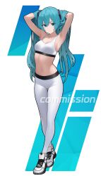 1girl absurdres aqua_eyes aqua_hair armpits arms_behind_head arms_up bare_arms bare_shoulders breasts commission crop_top crossed_legs full_body hands_in_own_hair hatsune_miku highres jungsungwoo long_hair looking_at_viewer midriff navel pants shirt shoes sleeveless sleeveless_shirt small_breasts sneakers solo spaghetti_strap sports_bra standing stomach track_pants very_long_hair vocaloid watson_cross white_pants white_shirt