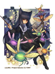 Rule 34 | 10s, 2girls, antennae, arthropod girl, bad id, bad pixiv id, black dress, black hair, book, boots, company name, dress, flying, food, gloves, glowing, highres, holding, holding book, holding weapon, insect wings, knee boots, long hair, macaron, magic, mini person, minigirl, multiple girls, myuu (wixoss), official art, open book, orange eyes, pink hair, plate, saltydanshark, sidelocks, very long hair, wand, weapon, wings, wixoss