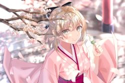 Rule 34 | 1girl, ahoge, bad id, bad pixiv id, black bow, bow, breasts, cherry blossoms, chewing, commentary, dango, eating, falling petals, fate/grand order, fate (series), food, food on face, green eyes, hair bow, hakama, hakama skirt, highres, japanese clothes, kimono, koha-ace, long sleeves, looking at viewer, medium breasts, naruse0819, okita souji (fate), okita souji (koha-ace), petals, pink kimono, platinum blonde hair, sanshoku dango, short hair, skirt, solo, stairs, standing, stone stairs, wagashi, wide sleeves