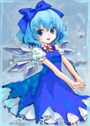 Rule 34 | 1girl, ama-tou, blue eyes, blue hair, bow, cirno, dress, hair bow, ice, ice wings, matching hair/eyes, outstretched arms, own hands clasped, own hands together, short hair, smile, solo, stretching, touhou, v arms, wings