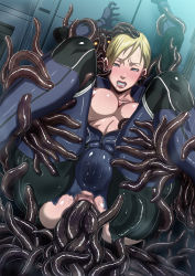 Rule 34 | 1boy, 1girl, anal, blonde hair, blue eyes, blush, bodysuit, breasts, breasts out, butcha-u, catsuit, fat mons, girl on top, half-closed eyes, highres, jill valentine, large breasts, lips, long hair, monster, multiple anal, multiple insertions, nipples, ponytail, rape, resident evil, resident evil 5, reverse cowgirl position, sex, sex from behind, slime (substance), solo, solo focus, stomach bulge, straddling, sweat, teeth, tentacle sex, tentacles, torn bodysuit, torn clothes, triple anal, uncensored, unzipped