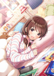 Rule 34 | 1girl, :d, bed, blurry, blurry foreground, blush, book, breasts, brown eyes, brown hair, cleavage, commentary request, depth of field, frilled pillow, frills, hair ornament, handheld game console, hands up, highres, indoors, jacket, lamp, lampshade, long hair, long sleeves, looking at viewer, low twintails, lying, on side, open mouth, original, pillow, poster (object), sleeves past wrists, small breasts, smile, solo, striped clothes, striped jacket, stuffed animal, stuffed rabbit, stuffed toy, teddy bear, twintails, under covers, upper body, yatomi