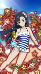 Rule 34 | 10s, 1girl, beach, black hair, blush, breasts, brown eyes, casual one-piece swimsuit, collarbone, covered navel, day, floating hair, flower, gun, hair flower, hair ornament, holding, holding gun, holding weapon, long hair, one-piece swimsuit, outdoors, owari no seraph, small breasts, solo, standing, striped clothes, striped one-piece swimsuit, sweatdrop, swimsuit, very long hair, water gun, weapon, white flower, yukimi shigure
