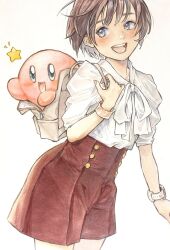 Rule 34 | 1girl, :d, backpack, bag, blouse, blue eyes, blush, bow, bowtie, bracelet, brown hair, carrying bag, colored skin, creature, highres, jewelry, kirby, kirby (series), leaning forward, looking at another, looking to the side, matsunoha, nail polish, nintendo, open mouth, original, pink skin, pleated skirt, red skirt, shirt, short hair, simple background, skirt, sleeves past elbows, smile, star (symbol), teeth, upper teeth only, watch, white background, white bag, white bow, white bowtie, white shirt, wristwatch