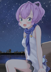 Rule 34 | 1girl, :d, absurdres, armpit crease, azur lane, bare legs, bare shoulders, bench, black ribbon, blush, breasts, camisole, city, city lights, commentary request, detached hood, green eyes, hair ribbon, high ponytail, highres, javelin (azur lane), looking at viewer, medium breasts, medium hair, micchamu, night, night sky, open mouth, park bench, plaid, plaid skirt, purple hair, purple neckwear, purple skirt, reflection, ribbon, river, riverbank, sidelocks, sitting, skirt, sky, skyline, smile, solo, star (sky), starry sky, white camisole