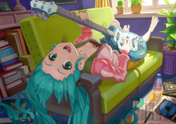 Rule 34 | 1girl, aqua hair, barefoot, book, book stack, bottle, cactus, cd, couch, green upholstery, guitar, hatsune miku, indoors, instrument, long hair, lying, m george, md5 mismatch, on back, pencil, plant, potted plant, sheet music, solo, twintails, very long hair, vocaloid, window