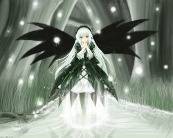 Rule 34 | 00s, 1girl, black dress, black wings, dress, forest, frills, hairband, lolita hairband, long hair, long sleeves, looking at viewer, nature, own hands together, plant, red eyes, river, rozen maiden, shore, silver hair, solo, standing, standing on liquid, suigintou, tree, very long hair, wading, wallpaper, water, wings