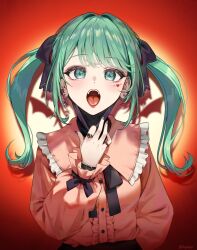 Rule 34 | 1girl, ay6as, black bow, black nails, blush, bow, bow ring, capelet, center frills, commentary, demon wings, different shadow, earrings, facial mark, frilled sleeves, frills, green eyes, green hair, hair intakes, hatsune miku, heart, heart facial mark, heart print, highres, jewelry, long hair, looking at viewer, mask, mask pull, mouth mask, open mouth, pink capelet, pink shirt, ring, shirt, sidelocks, solo, spiked ear piercing, stud earrings, swept bangs, tongue, twintails, upper body, vampire (vocaloid), vocaloid, watch, wings, wristwatch