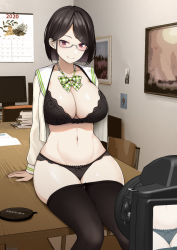 Rule 34 | 1girl, 2020, black bra, black hair, black panties, black pantyhose, blush, bob cut, book, book stack, bow, bowtie, bra, breasts, calendar (object), cleavage, closed mouth, clothes pull, collarbone, commentary request, diisuke, glasses, green bow, green bowtie, hair ornament, hairclip, indoors, lace, lace-trimmed bra, lace-trimmed panties, lace trim, large breasts, long sleeves, monitor, navel, nijisanji, on table, open clothes, open shirt, painting (object), panties, pantyhose, pantyhose pull, plaid, plaid bow, recording, red eyes, sailor collar, seto miyako, shirt, short hair, sitting, smile, solo, stomach, swept bangs, table, underwear, viewfinder, virtual youtuber, white-framed eyewear, white sailor collar, white shirt