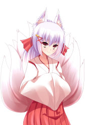 Rule 34 | 1girl, animal ear fluff, animal ears, bad id, bad pixiv id, bell, fox ears, fox tail, hair bell, hair ornament, hands in opposite sleeves, highres, japanese clothes, miko, multiple tails, original, simple background, smile, solo, tail, white background, yappen, yatsu (sasuraino)
