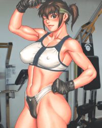 Rule 34 | 1girl, ass, breasts, brown eyes, brown hair, covered erect nipples, daimon akiko, fingerless gloves, flexing, gloves, gym, headband, large breasts, looking at viewer, muscular, muscular female, official art, one eye closed, photo background, short ponytail, solo, sports bra, taisen hot gimmick 4ever, thong, tsukasa jun, wink