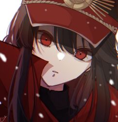 Rule 34 | 1girl, black hair, cape, collared cape, crest, family crest, fate/grand order, fate (series), hair between eyes, hat, head tilt, looking at viewer, military hat, oda nobunaga (fate), oda uri, parted lips, peaked cap, portrait, red cape, red eyes, rubiumu, sidelocks, simple background, solo, white background